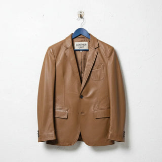 Front view of men’s tan brown leather blazer by Leather Unit