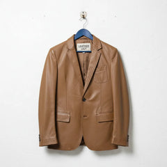 Front view of men’s tan brown leather blazer by Leather Unit