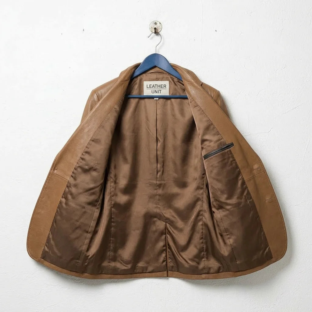 Inside lining of men’s brown leather blazer showing inner pocket
