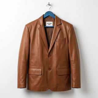 Front view of men's tan leather blazer jacket by Leather Unit.