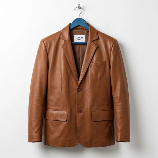 Front view of men's tan leather blazer jacket by Leather Unit.
