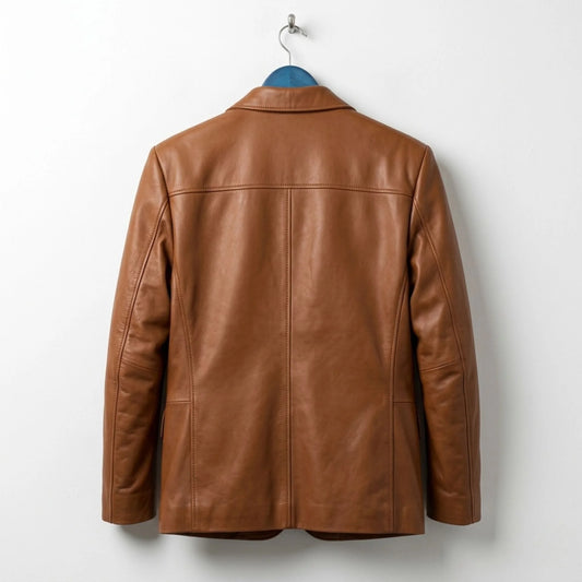 Back view of men's tan leather blazer showing clean seams.