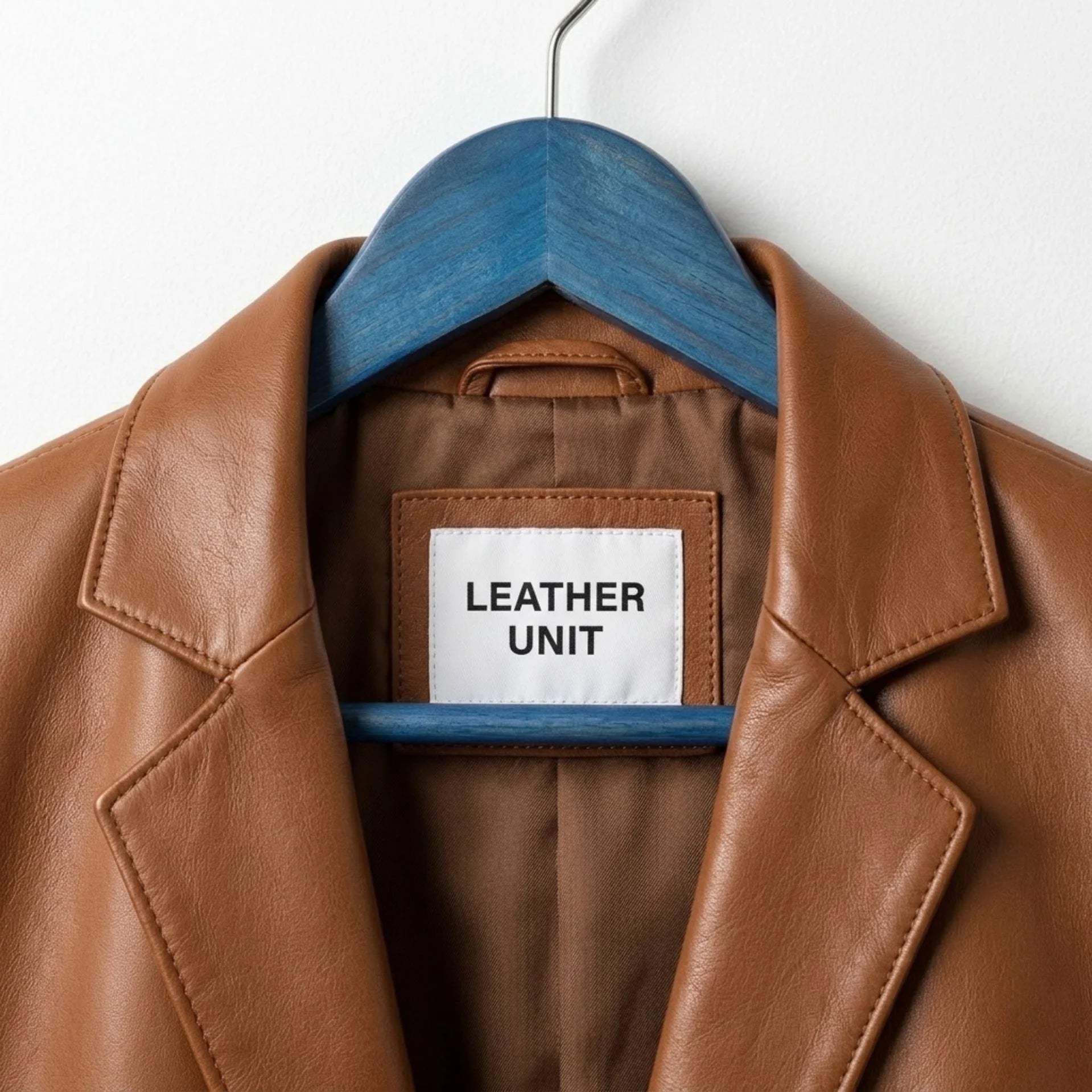 Close up of notch lapels and Leather Unit label on tan leather blazer.