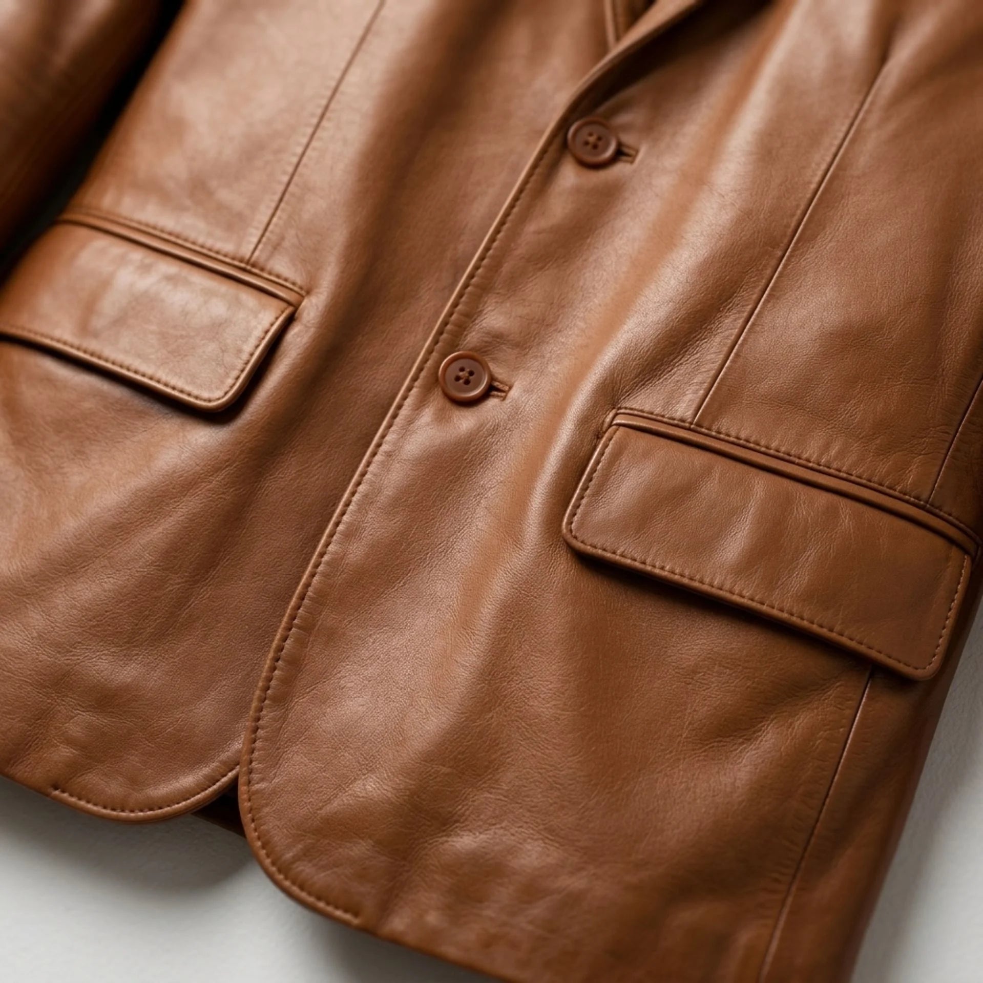 Close up of buttons and flap pockets on men's tan leather blazer.