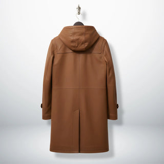 Back view of men's tan leather hooded duffle coat with center vent.