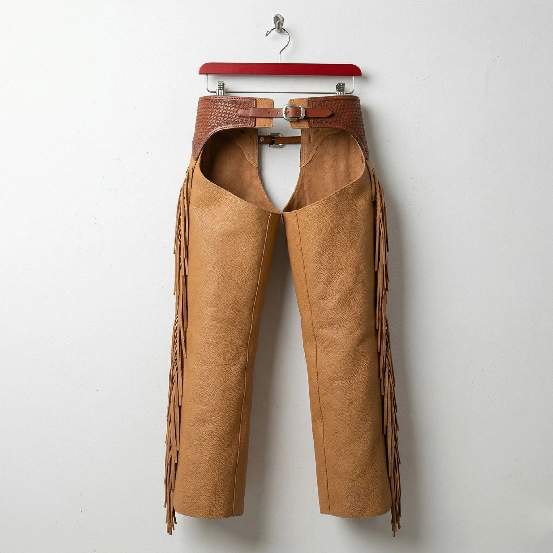 Back view of men's tan cowboy leather chaps showing fringe along outer legs