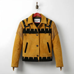 Front view of men's tan suede fringe western jacket with black accents by Leather Unit.