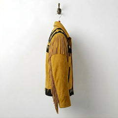 Side profile of men's tan suede western jacket with sleeve fringe.
