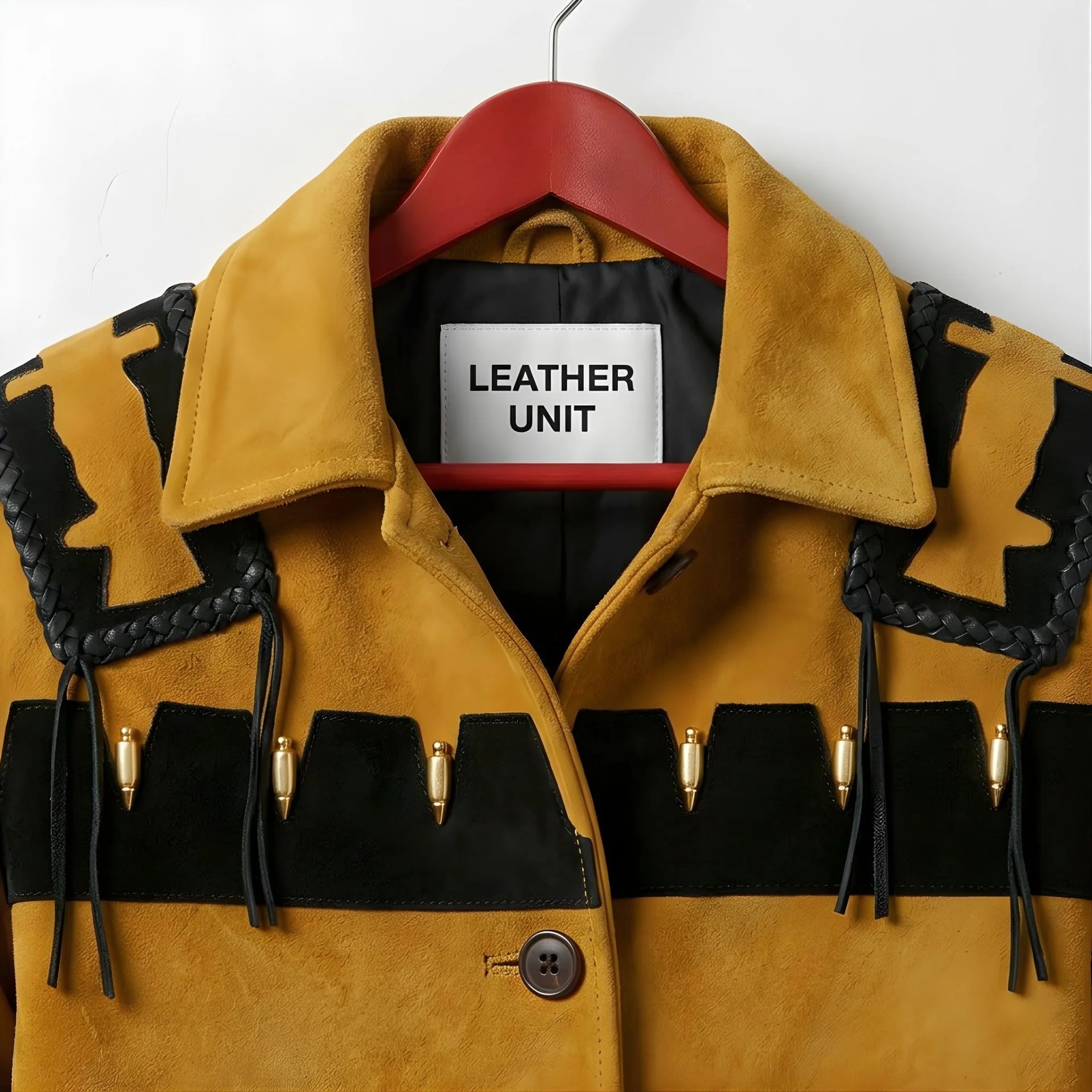 Close up of collar, shoulder details and Leather Unit label on tan suede jacket.