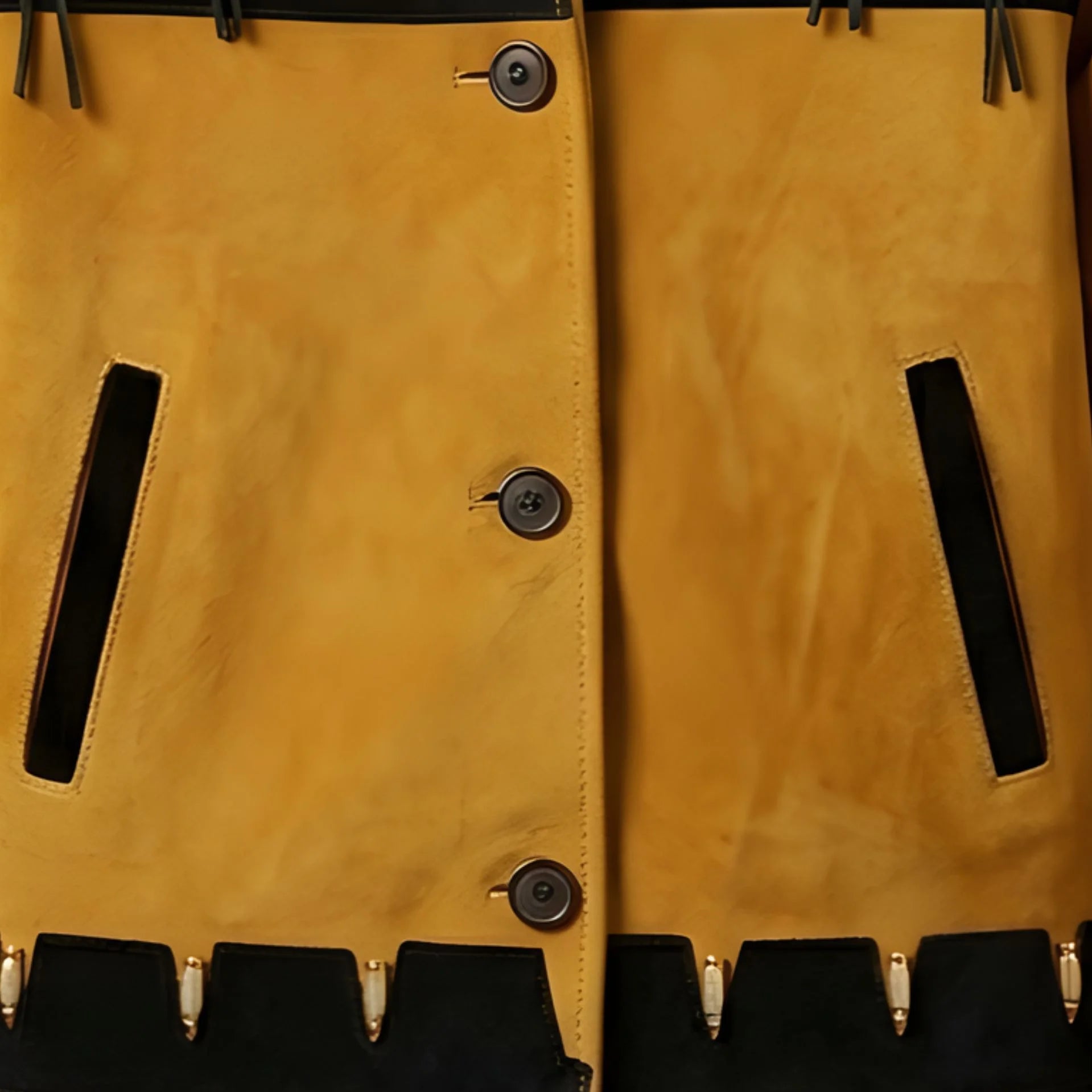 Close up of button front and black trimmed pockets on tan suede leather jacket.
