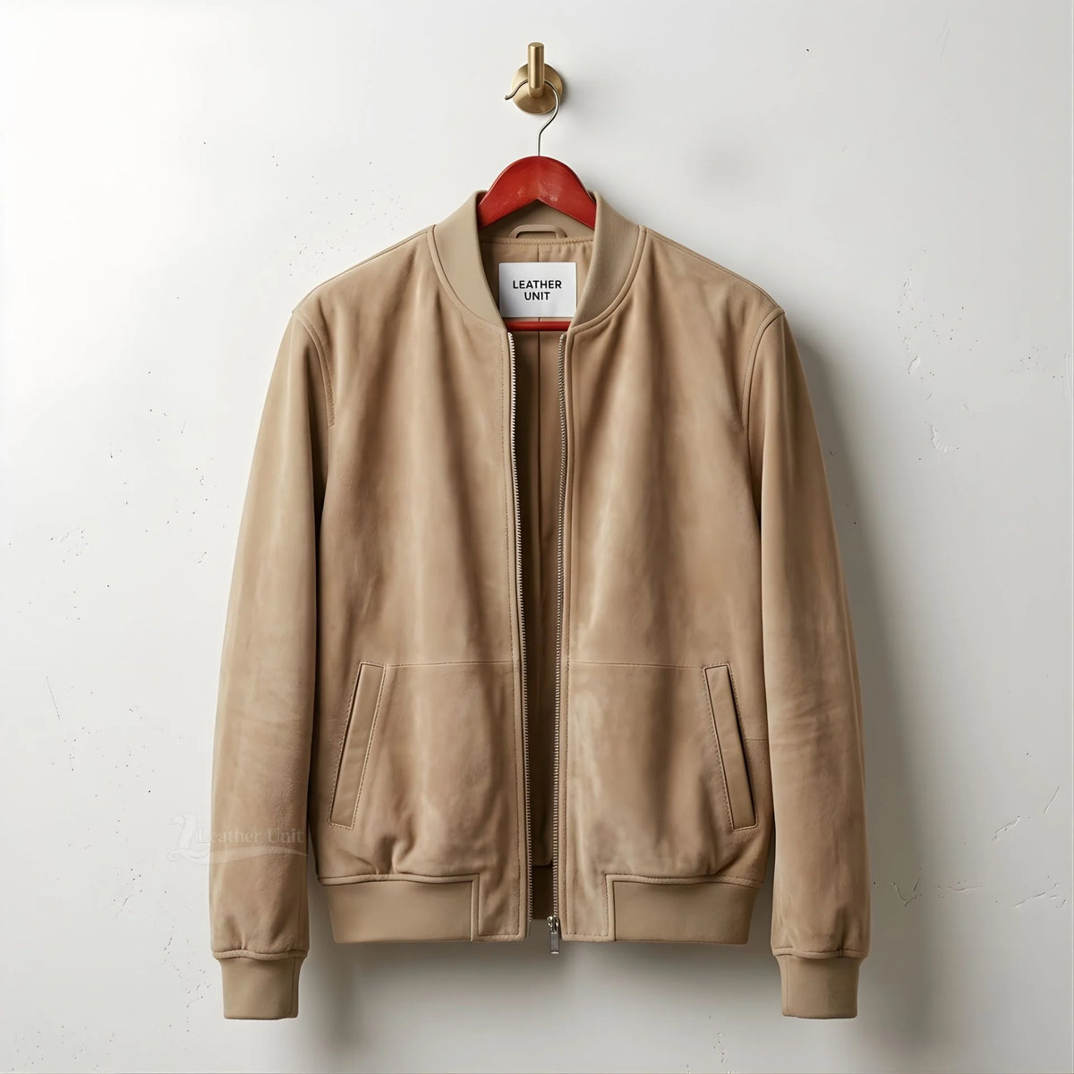 Front view of men's tan suede leather bomber jacket by Leather Unit.