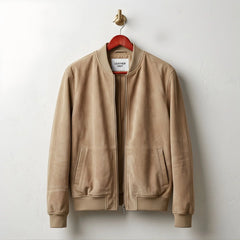 Front view of men's tan suede leather bomber jacket by Leather Unit.