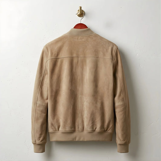 Back view of men's tan suede bomber jacket with ribbed hem.