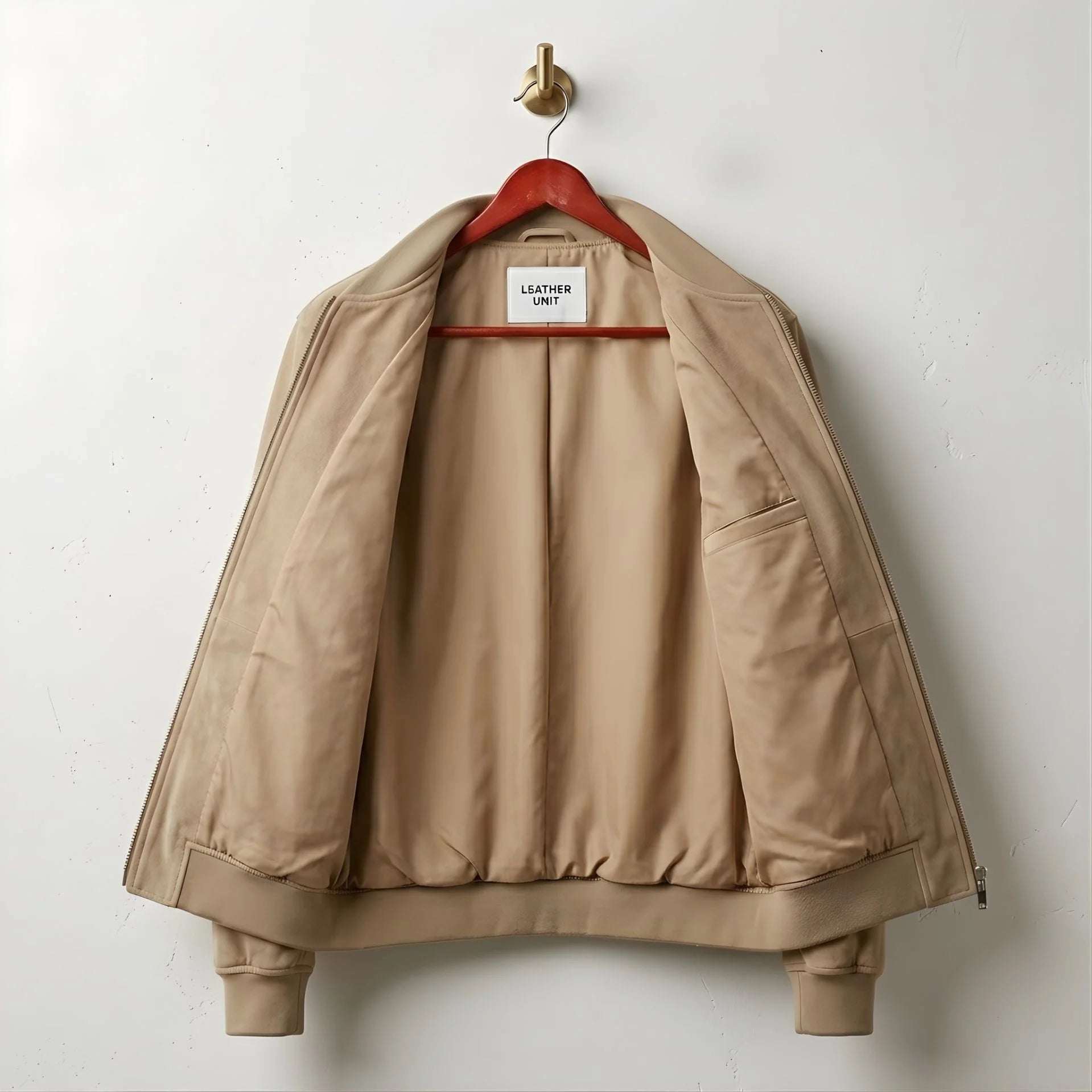 Interior of men's tan suede leather bomber jacket showing soft lining and inner pocket.