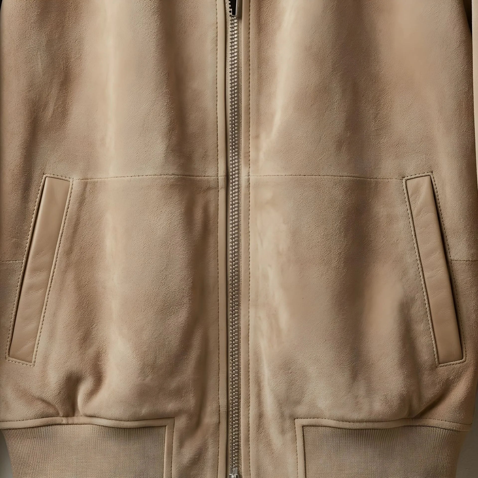 Close up of front zipper and slanted hand pockets on men's tan suede bomber jacket.