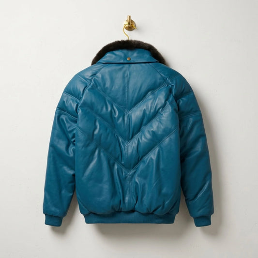 Back view of premium men's teal leather V-bomber jacket quilted design