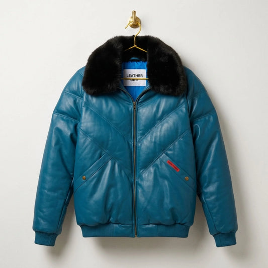 Men's teal leather V-bomber jacket front view with fur collar - Leather Unit