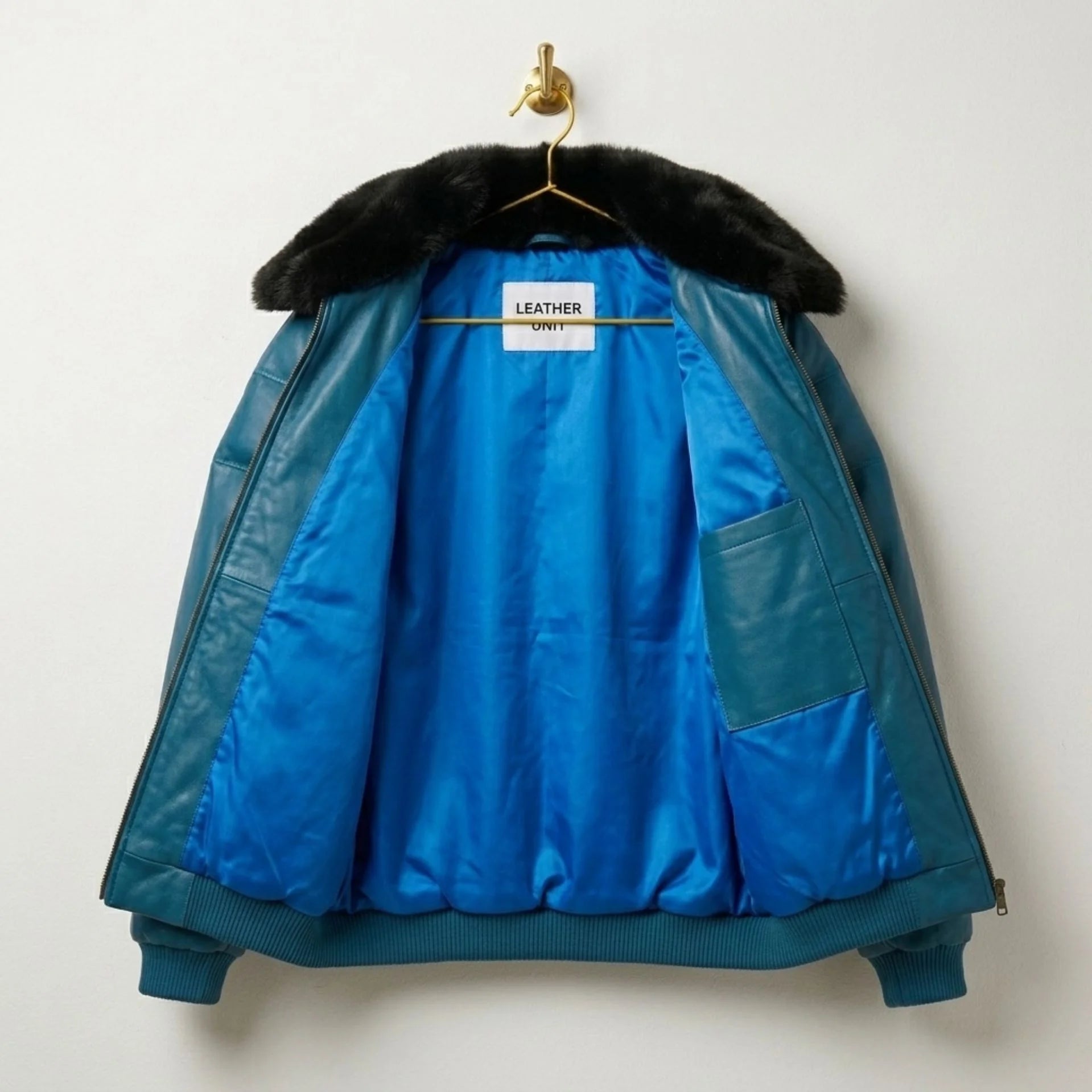 Interior blue lining and Leather Unit label in teal leather bomber jacket