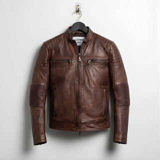 front view of men's vintage brown cafe racer leather biker jacket.