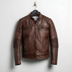 front view of men's vintage brown cafe racer leather biker jacket.