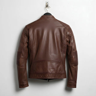 back view of men's brown cafe racer leather jacket with panelled seams.