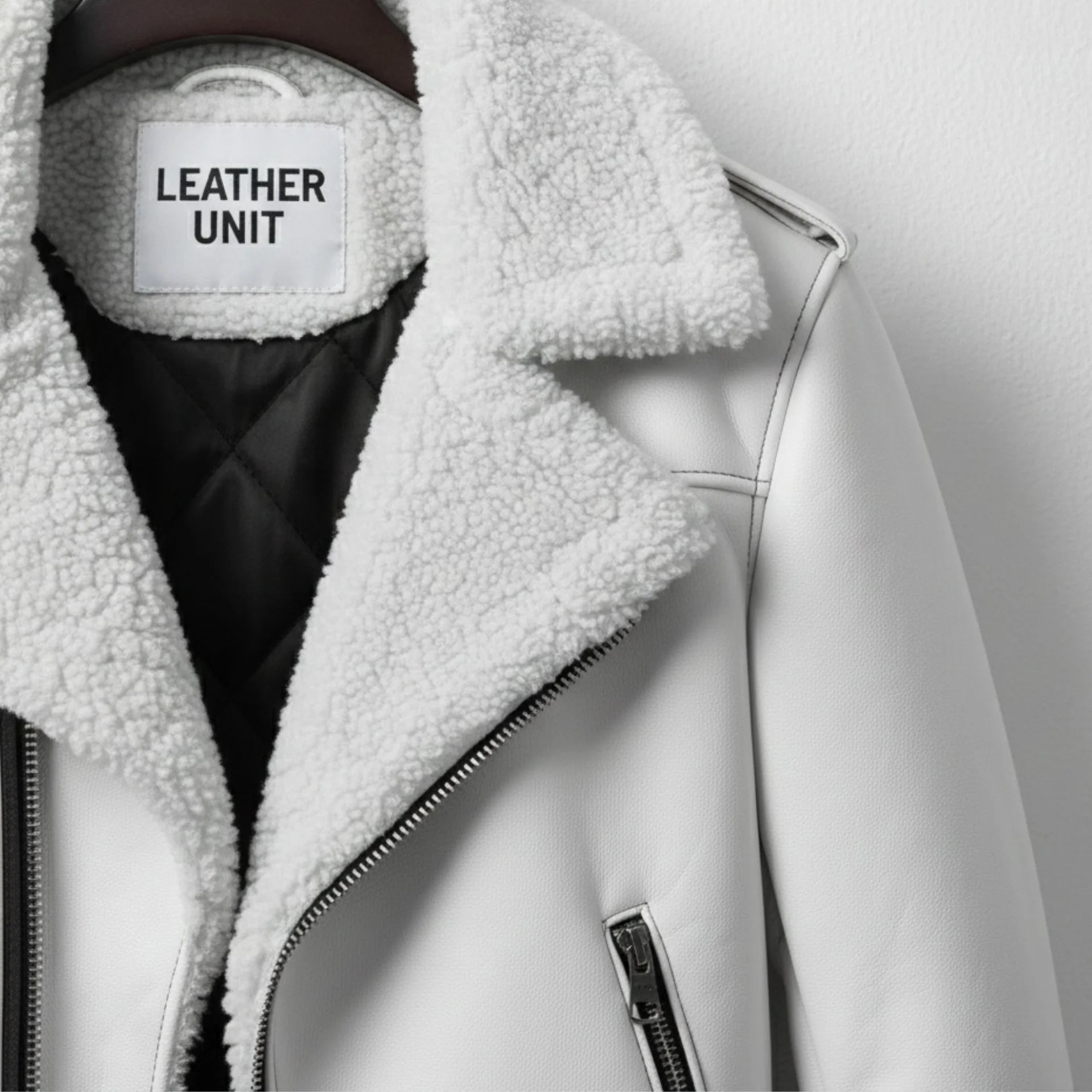 close up white faux shearling collar and label on leather unit jacket.