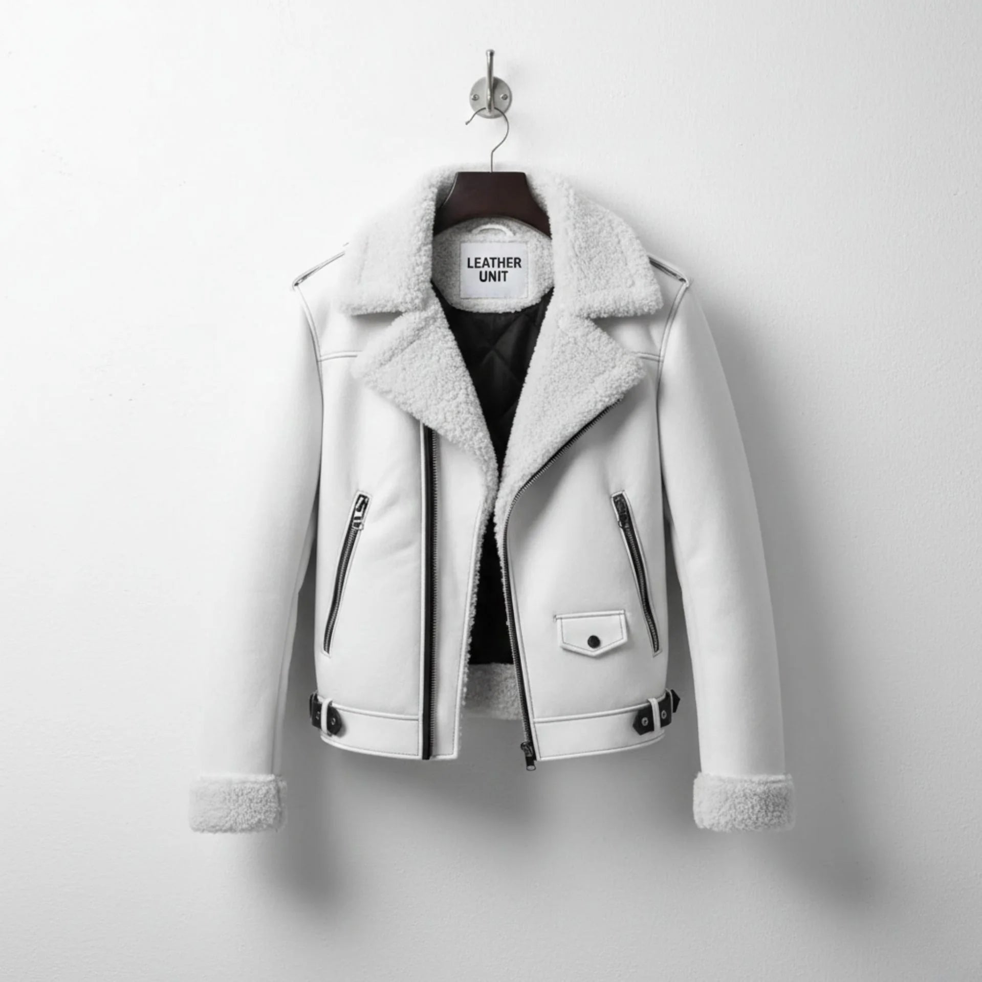 front view mens white shearling aviator leather jacket by Leather Unit.