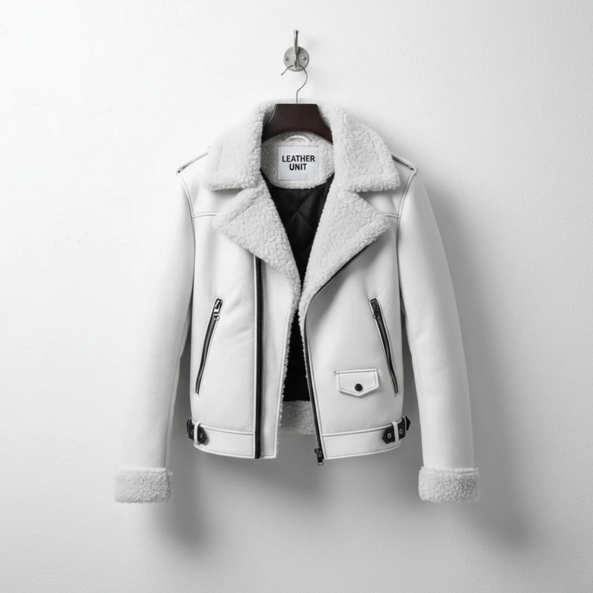 front view mens white shearling aviator leather jacket by Leather Unit.