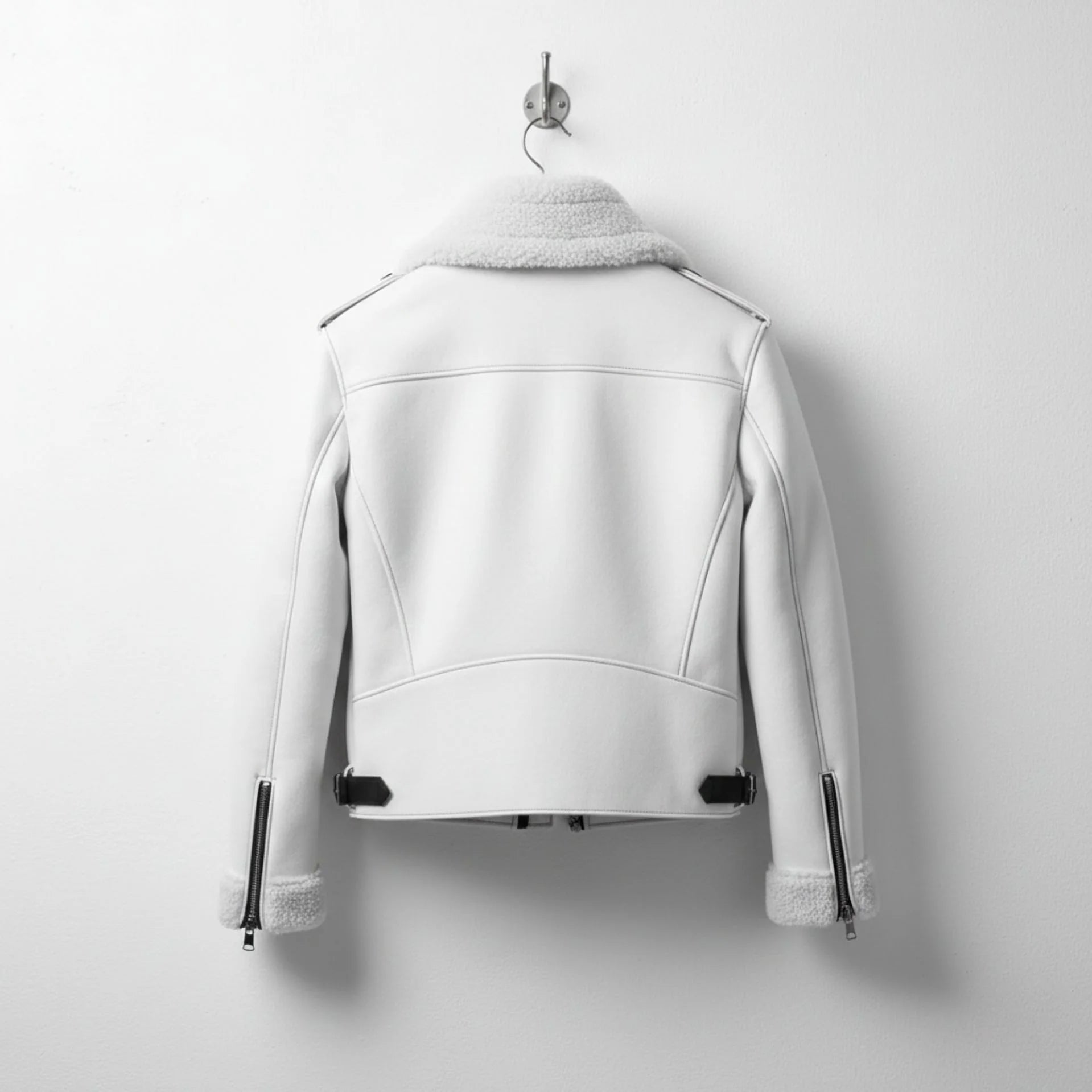 back view mens white aviator bomber leather jacket with shearling collar.