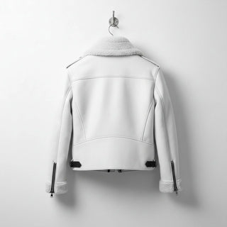 back view mens white aviator bomber leather jacket with shearling collar.