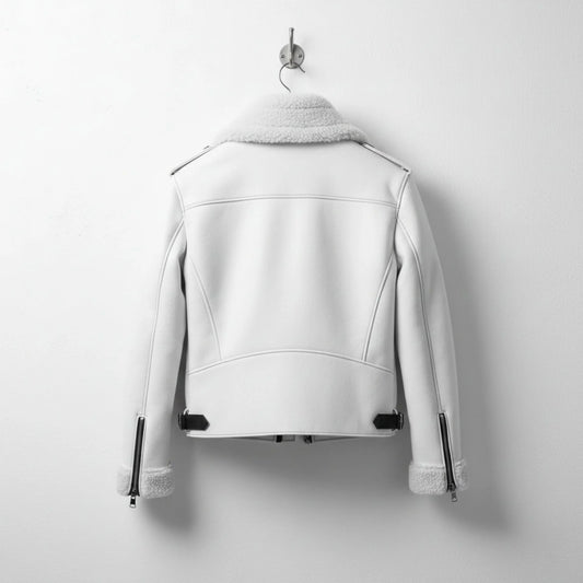 back view mens white aviator bomber leather jacket with shearling collar.