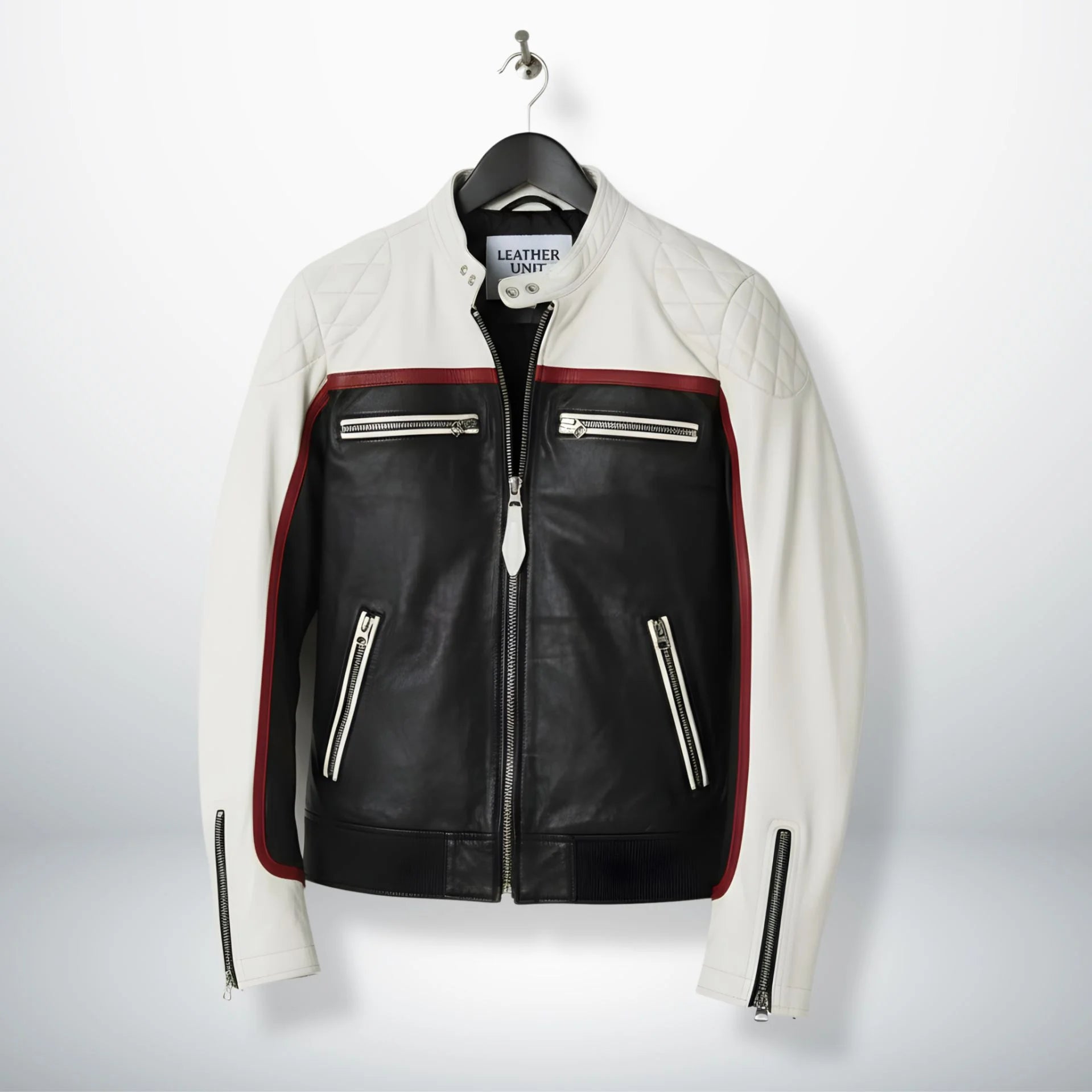 front view of men's white and black leather biker jacket with red racing stripe.