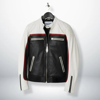 front view of men's white and black leather biker jacket with red racing stripe.