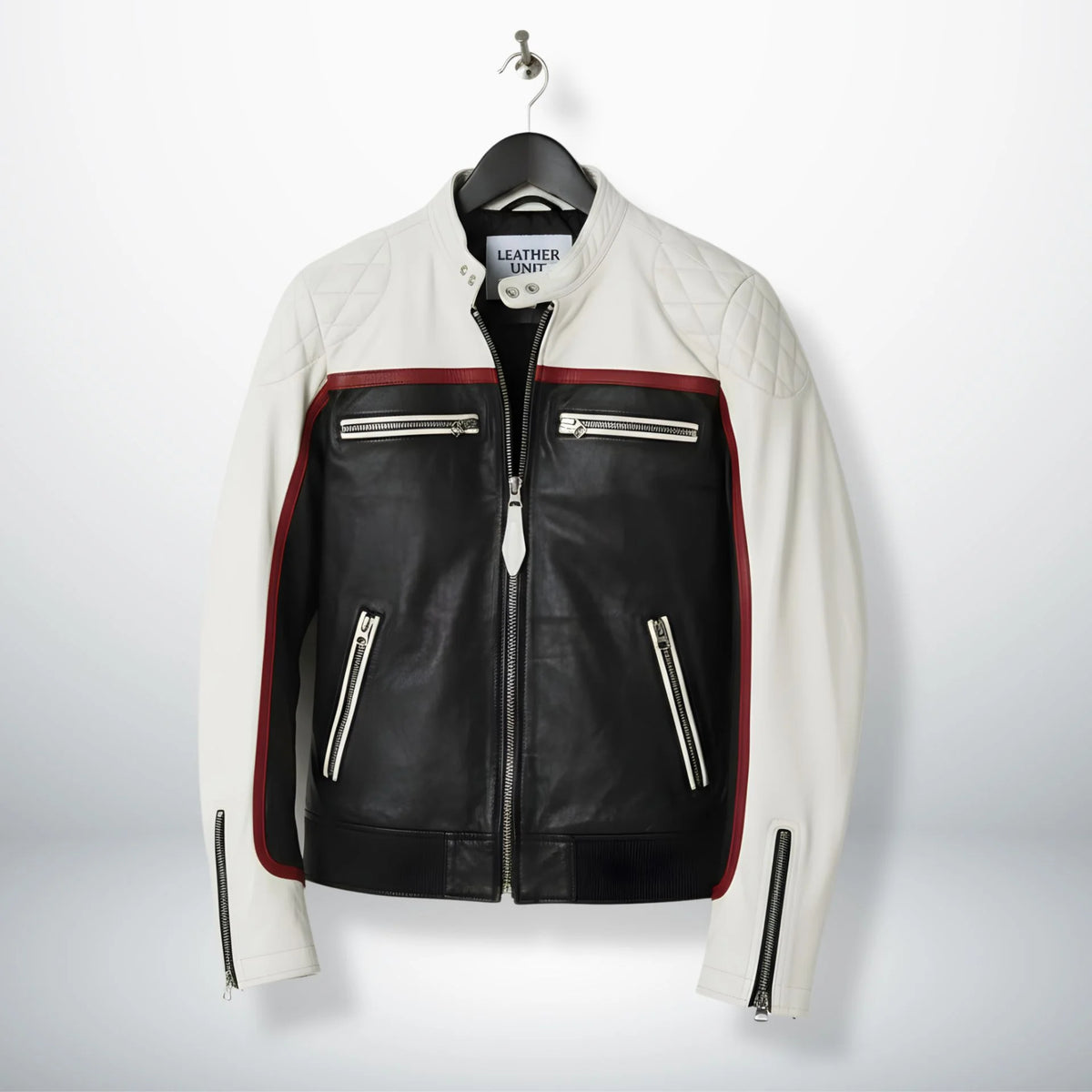 front view of men's white and black leather biker jacket with red racing stripe.