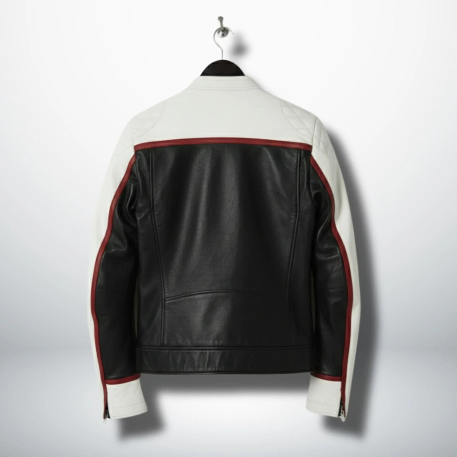 back view of men's white and black motorcycle leather jacket with red stripe.