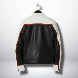 back view of men's white and black motorcycle leather jacket with red stripe.