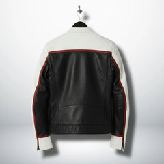 back view of men's white and black motorcycle leather jacket with red stripe.