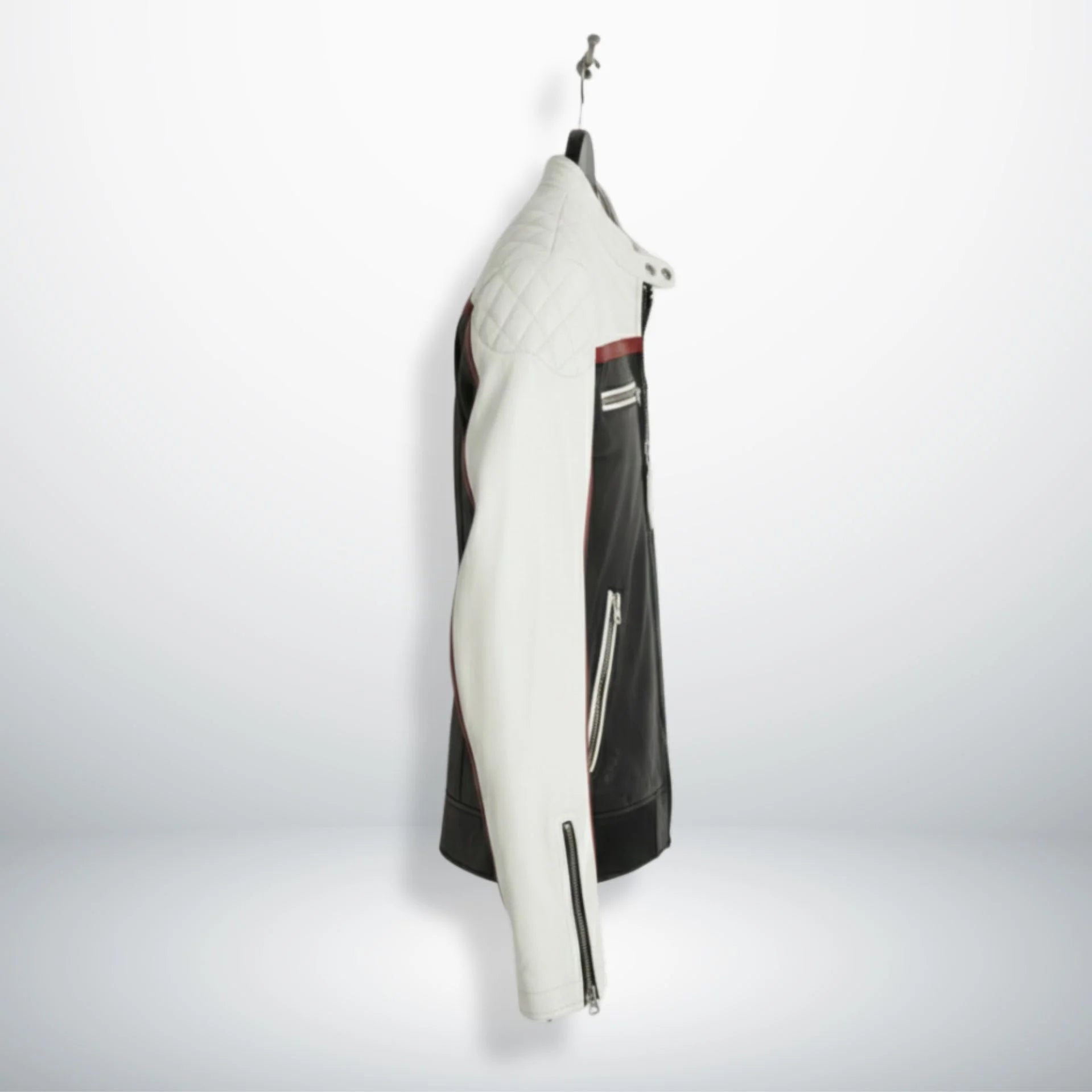 side profile of men's cafe racer leather jacket with quilted white shoulder.