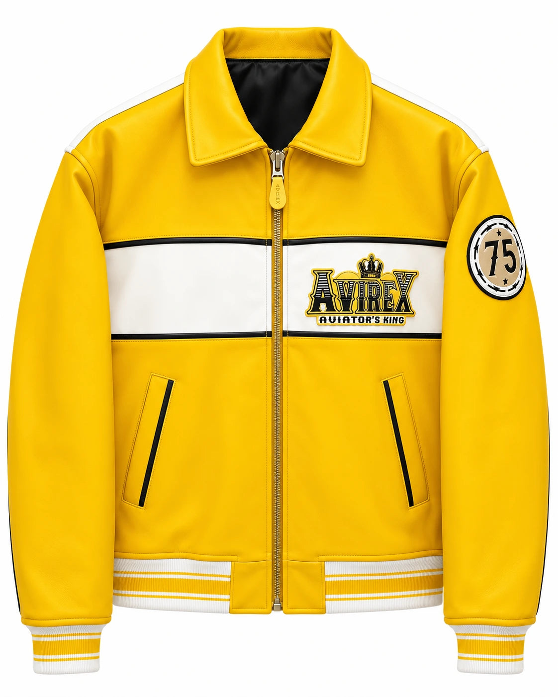 Men’s yellow cowhide leather bomber front with white chest panel, zip closure, 75 sleeve patch and striped ribbed trims