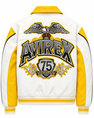 Full back of yellow and white leather flight bomber with oversized eagle artwork, 75 shield graphic and striped ribbed hem