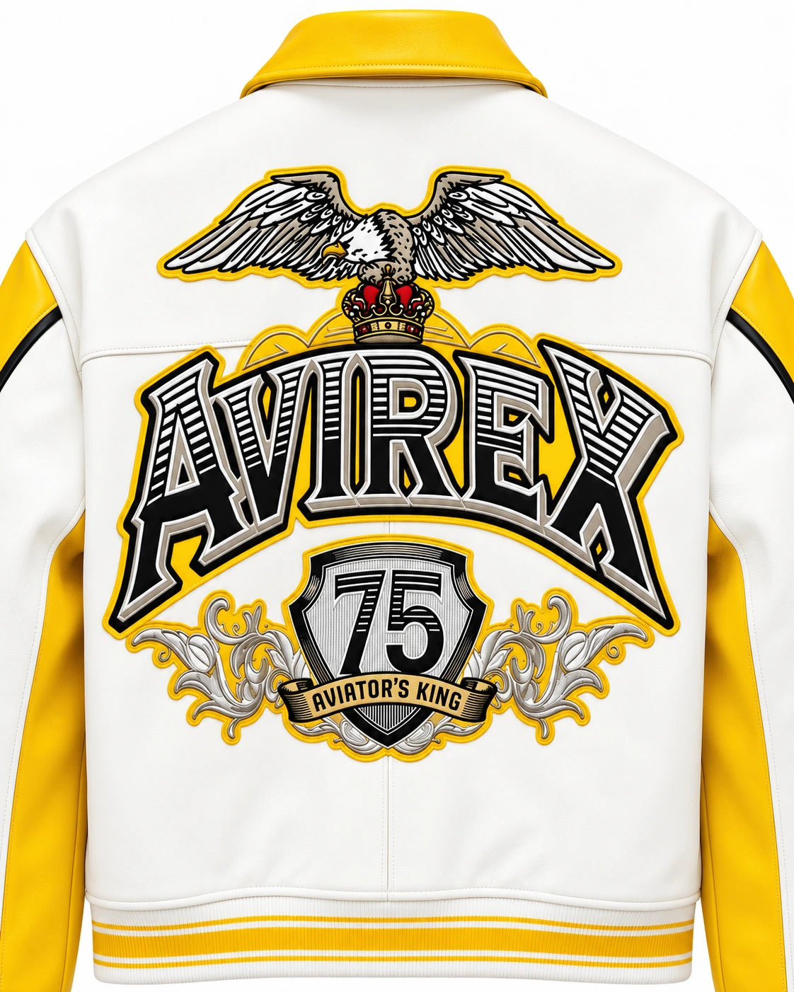 Close-up white back panel of yellow leather bomber featuring large eagle, crown, Aviator 75 shield and graphic lettering