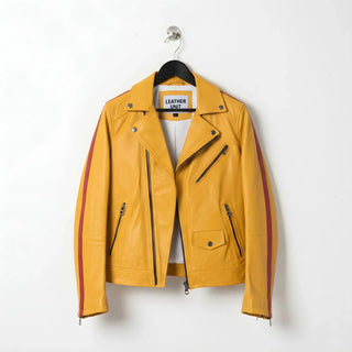 front view of men's yellow leather motorcycle biker jacket with red sleeve stripes.