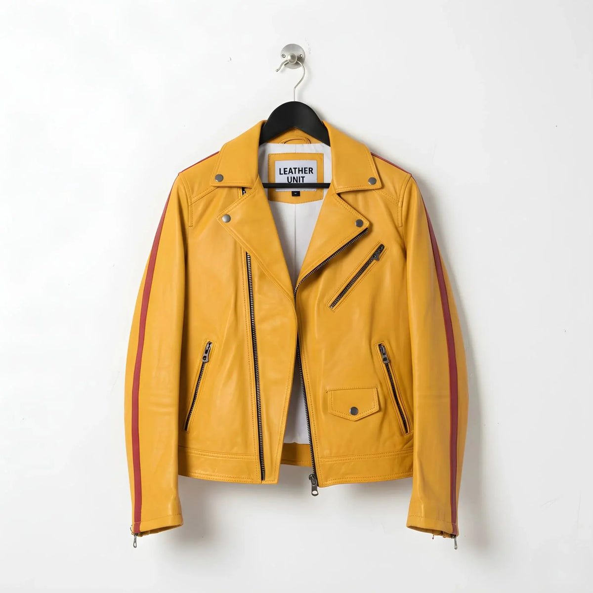 front view of men's yellow leather motorcycle biker jacket with red sleeve stripes.