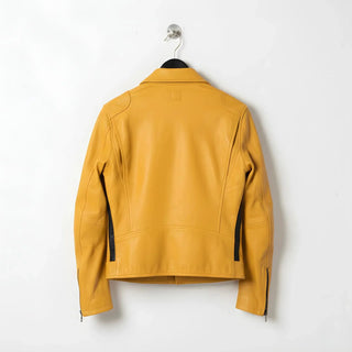 back view of men's yellow leather biker jacket.