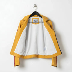 inside of men's yellow leather motorcycle jacket showing white lining.