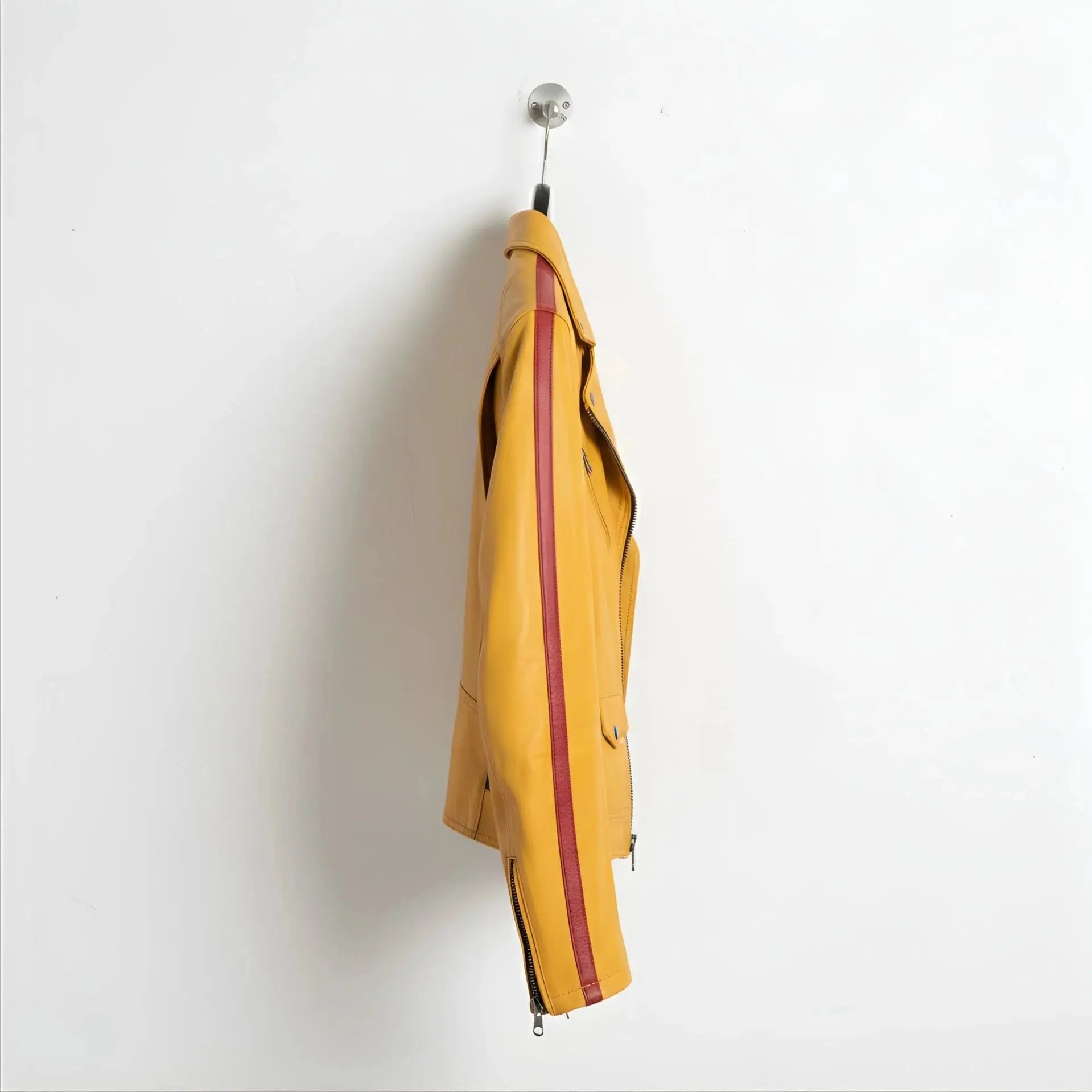 side profile of men's yellow leather biker jacket with red racing stripe.