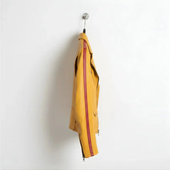side profile of men's yellow leather biker jacket with red racing stripe.
