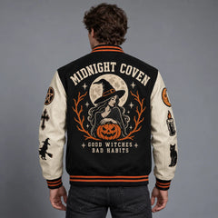 Back model view of witch Halloween varsity jacket featuring full moon, pumpkin and Midnight Coven embroidered artwork