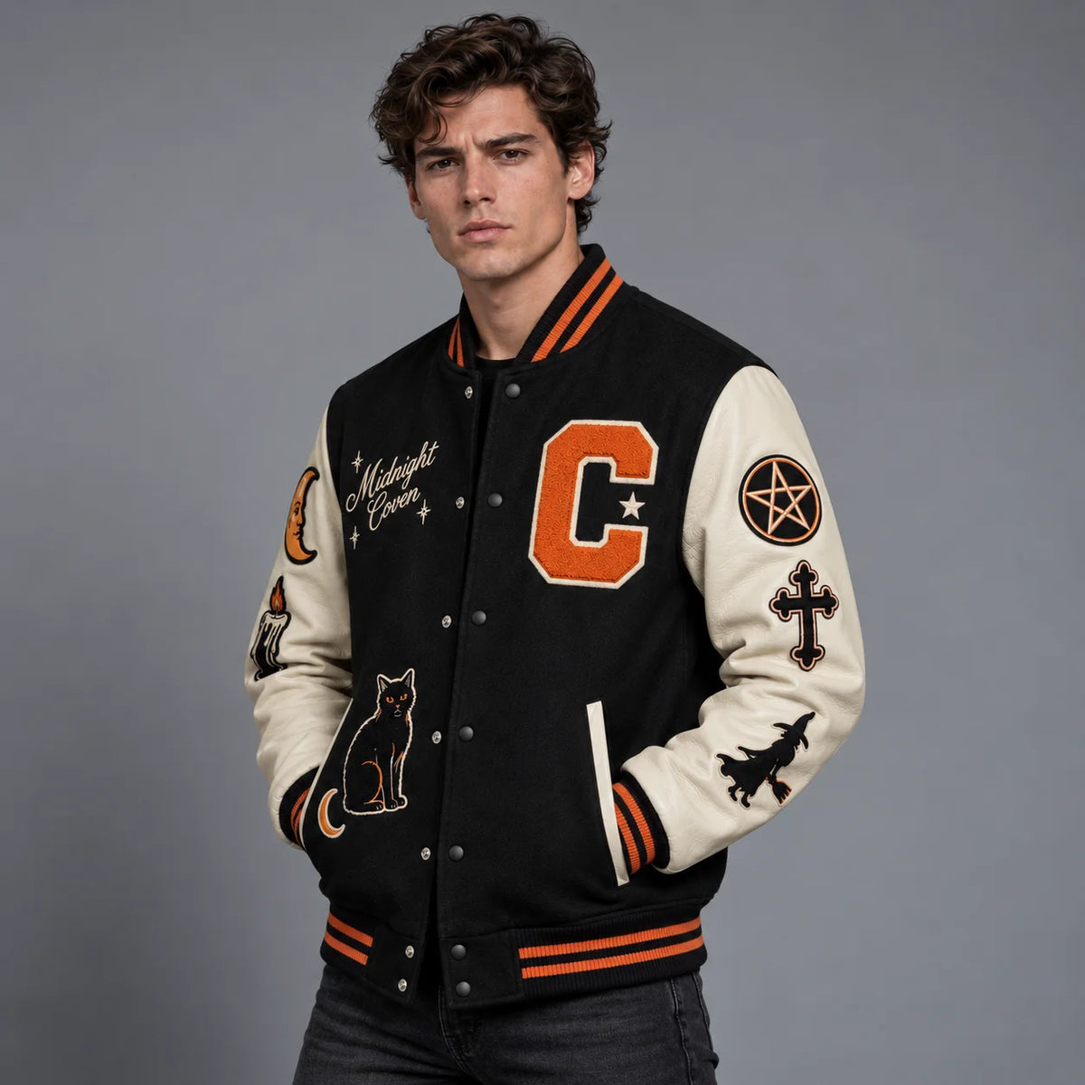 Three-quarter view of black and cream witch varsity jacket showing pentagram, cross and broom-riding witch sleeve patches