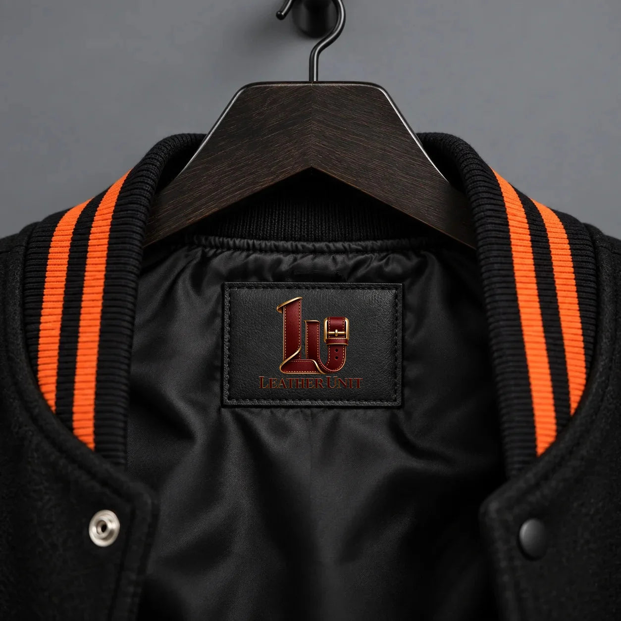Close-up of Midnight Coven interior branding, black lining and black-orange striped varsity collar
